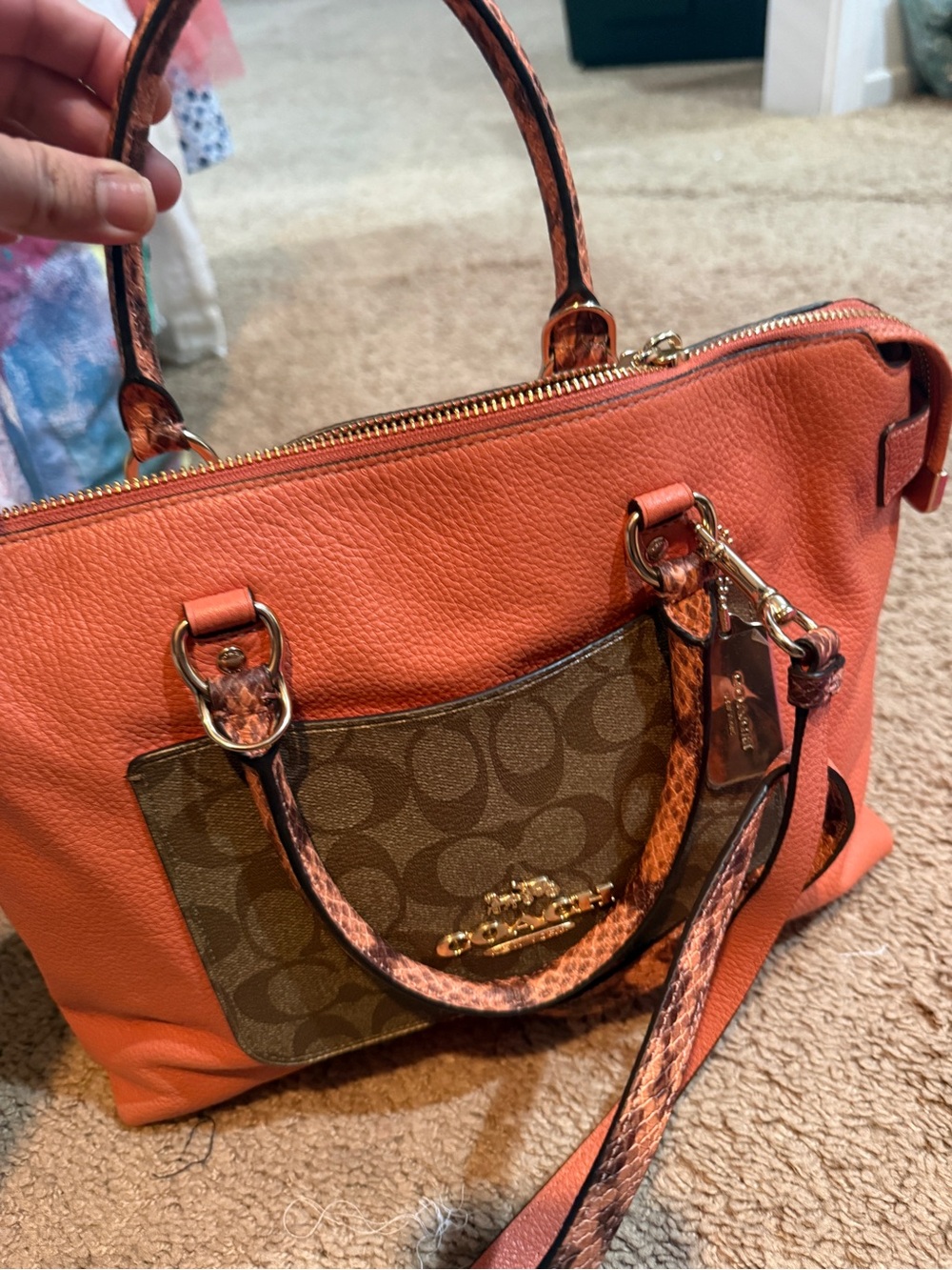 Coach Orange Pebbled Leather Tote with Signature Canvas Pocket - Picture 6 of 9